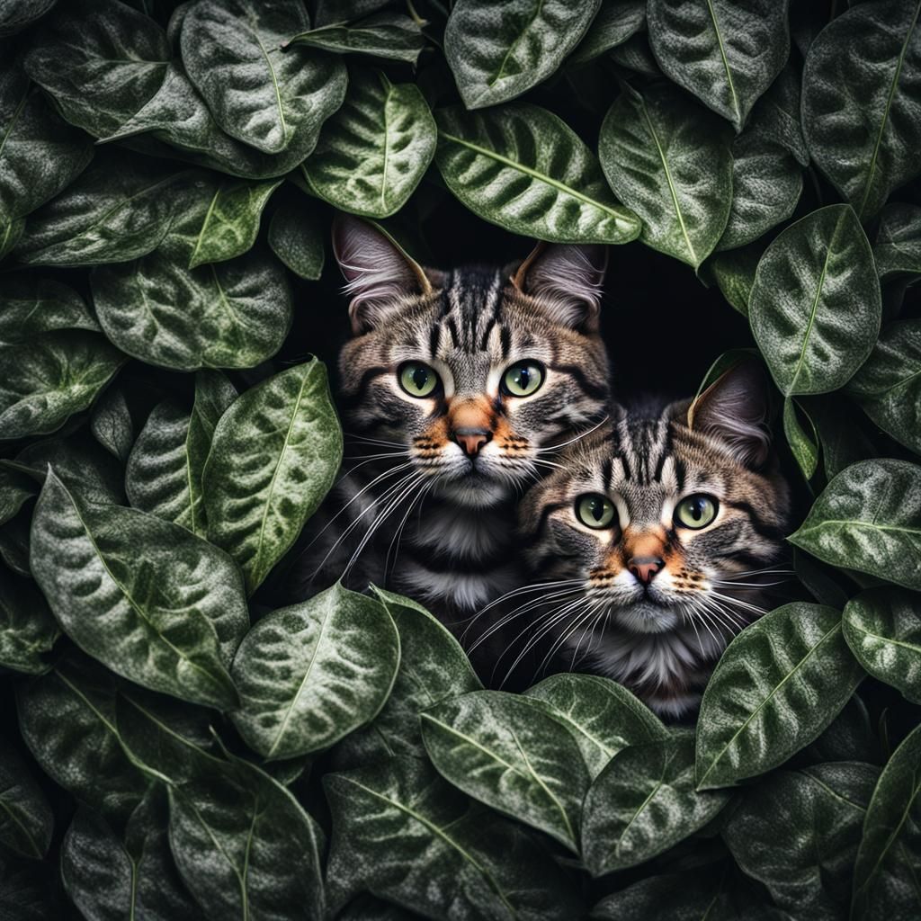 Hyperrealistic Cat Faces Hidden Underneath Leaves