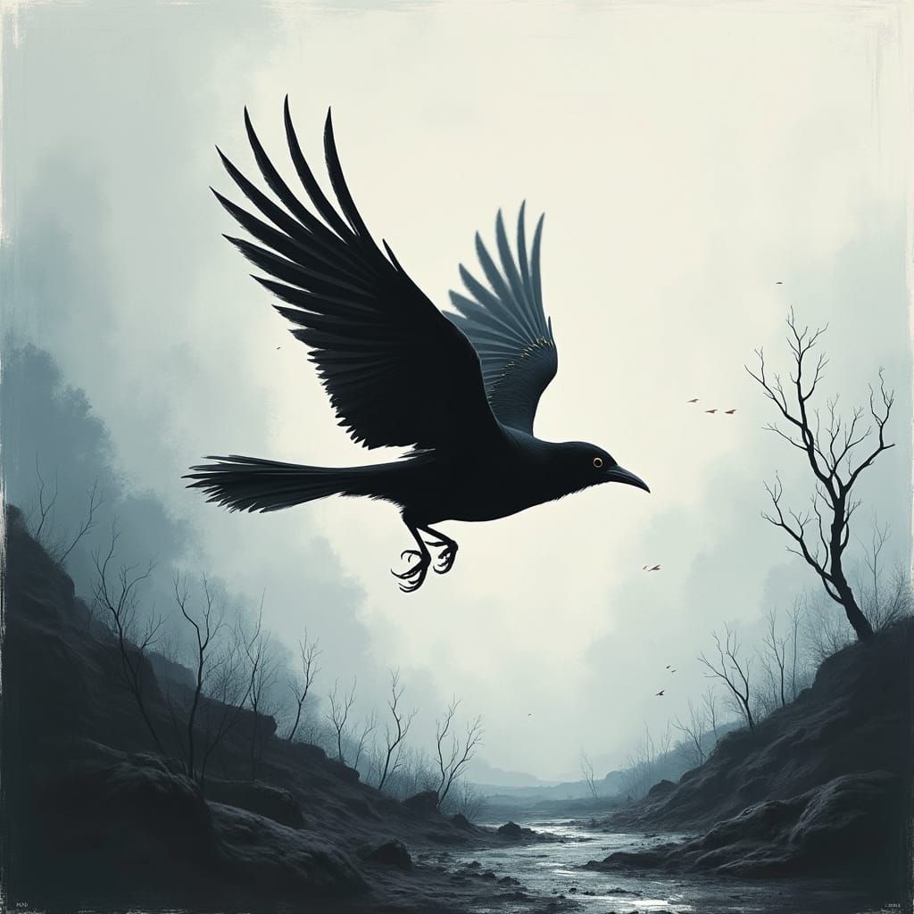 Surreal Black Magpie Soars Over Dystopian Landscape