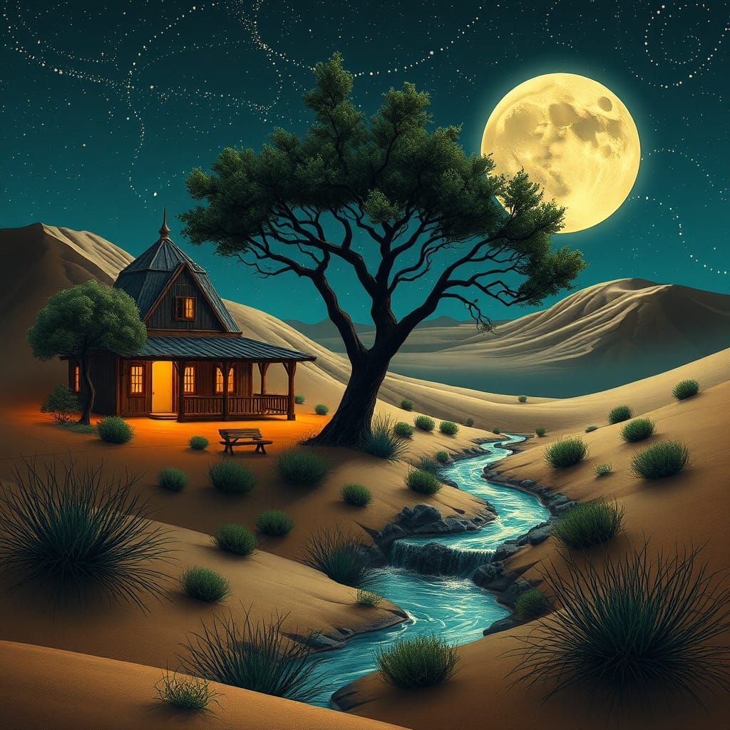 Dreamy Desert Oasis Under Moonlight