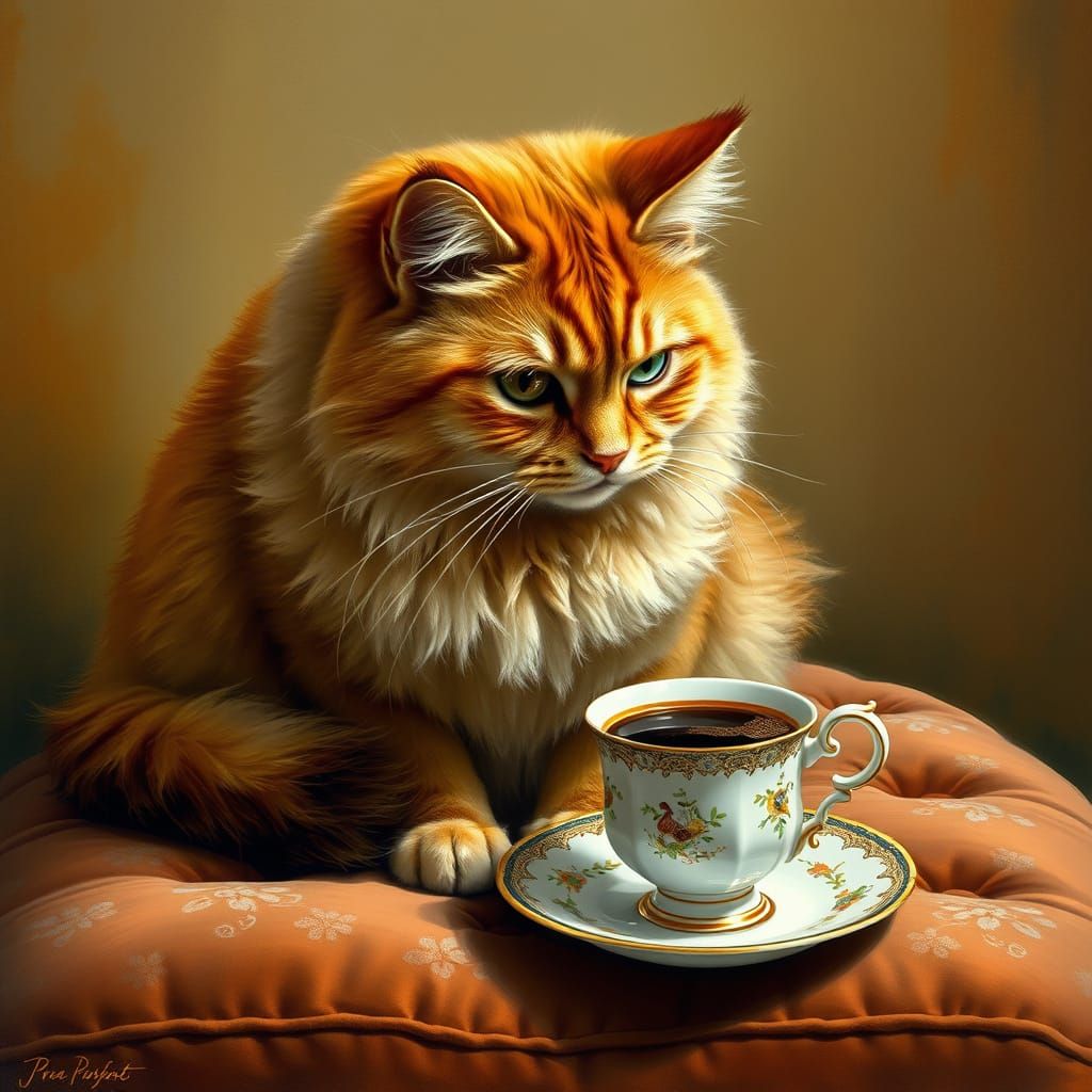 Regal Golden Cat Contemplates Coffee in Luxurious French Sty...
