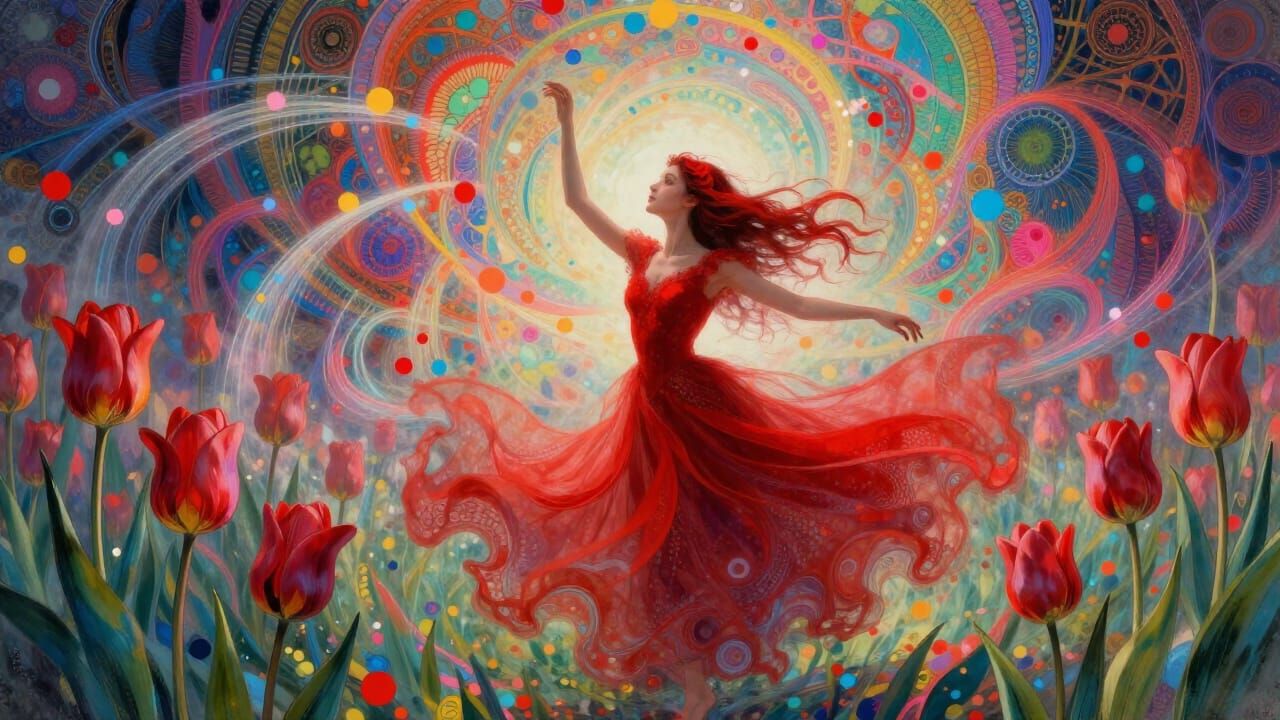 Man in Red Amidst Whispering Tulips