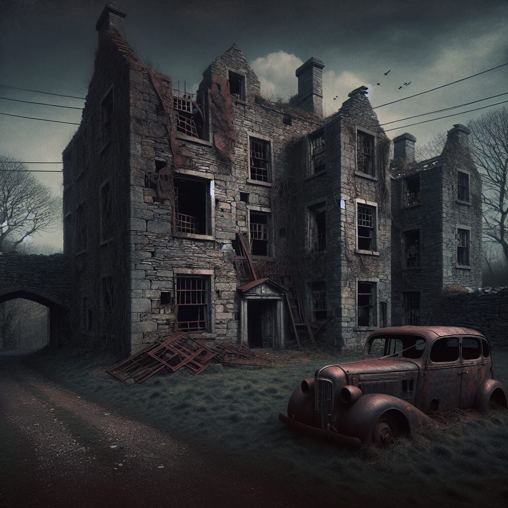 Eerie Abandoned Stone Building in Dark Fantasy Photograph