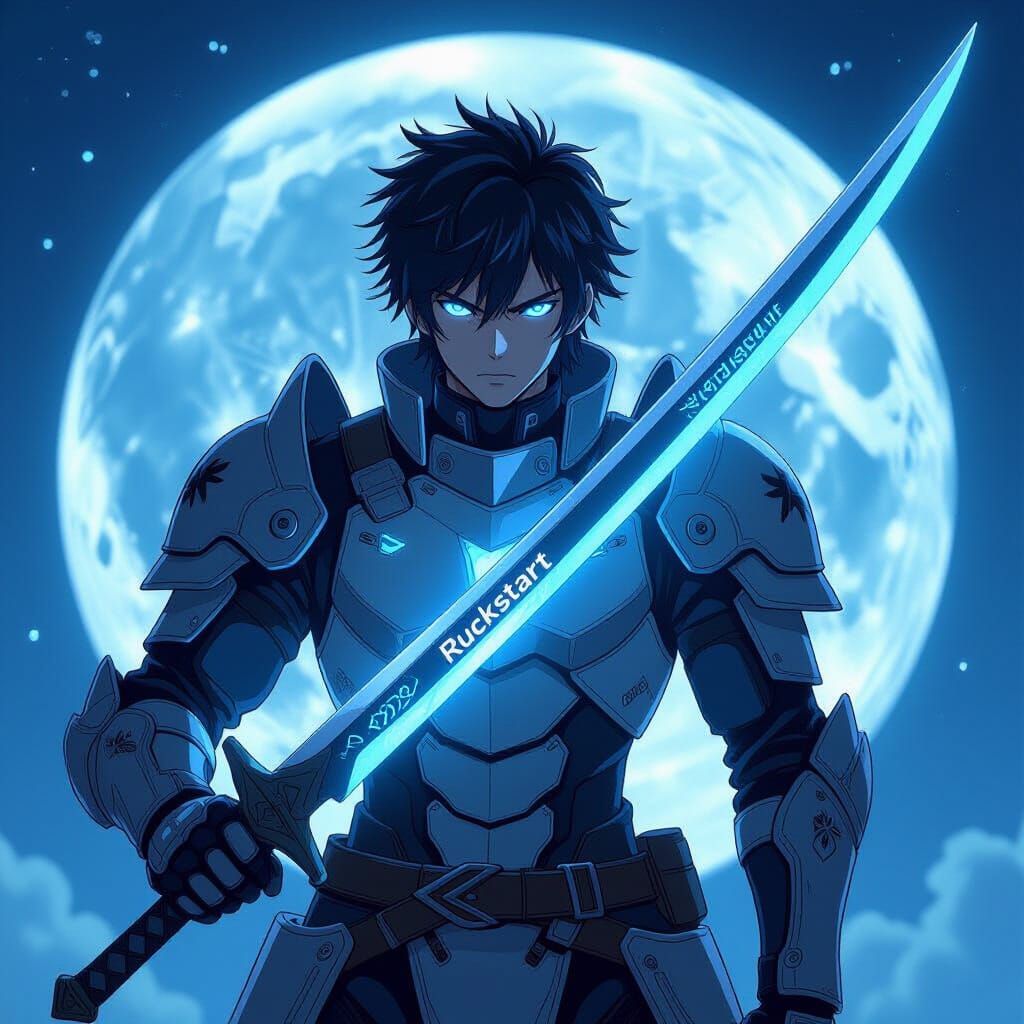 Futuristic Anime Swordsman Under Blue Moon