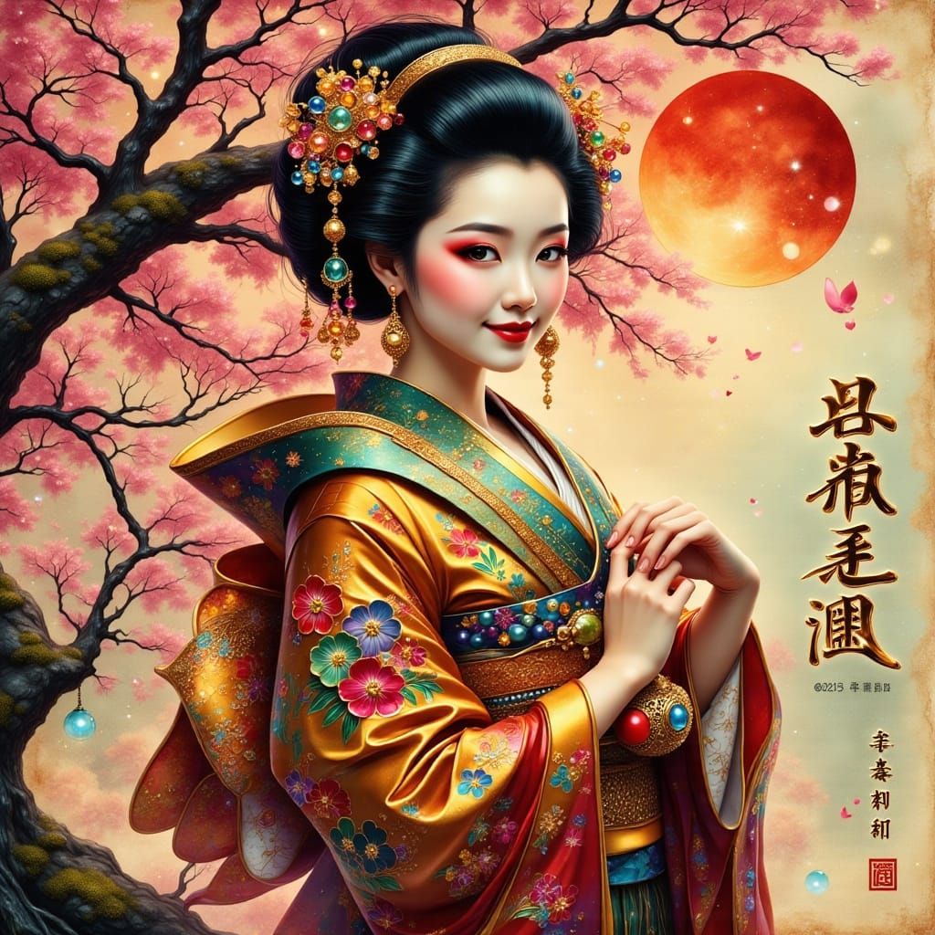 Retro Futuristic Geisha in Cherry Blossom Wonderland