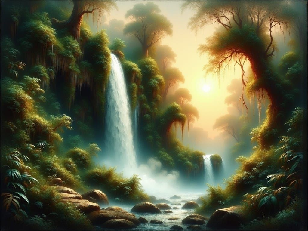 Serene Waterfall at Sunset in a Lush, Misty Valley