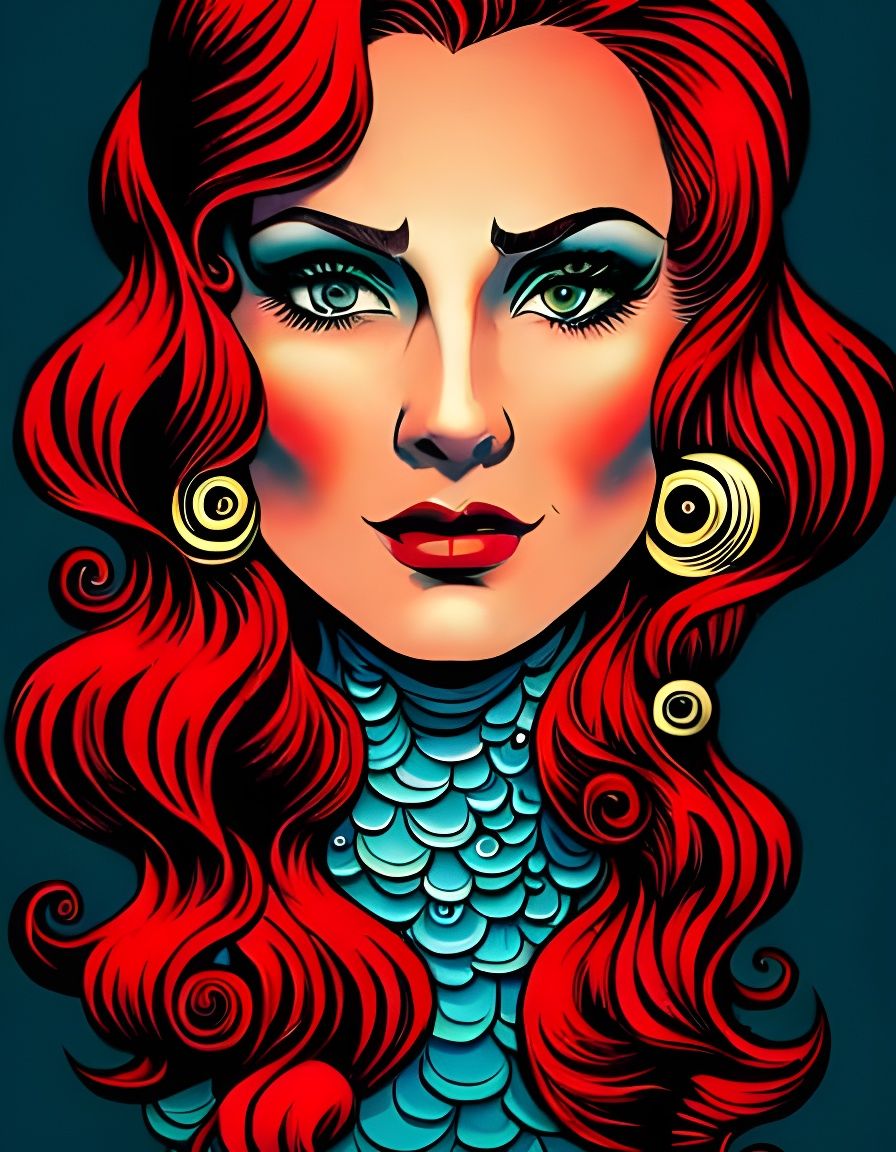 Nightmarish Pirate Mermaid with Hook in Pop Art Style