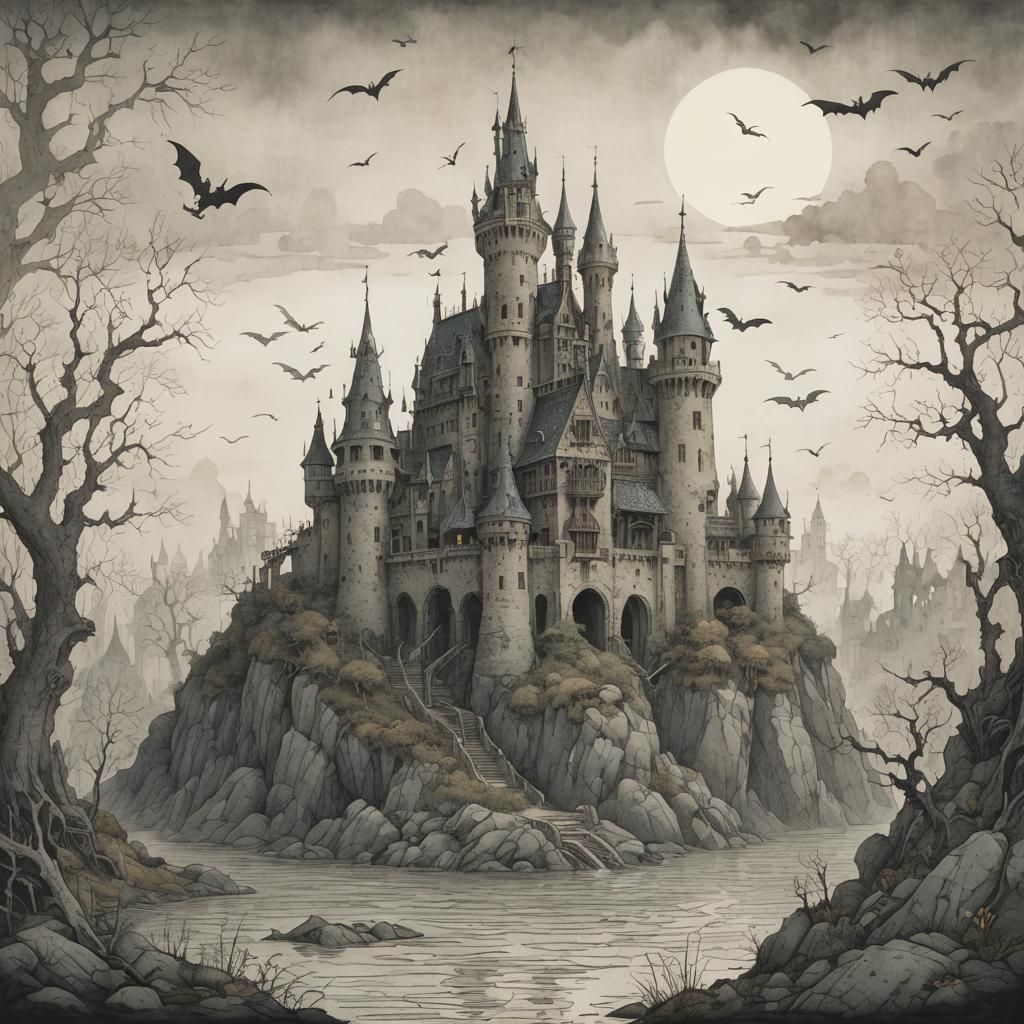 Eerie Castle of Dragon Bats: Fantastic Illustration