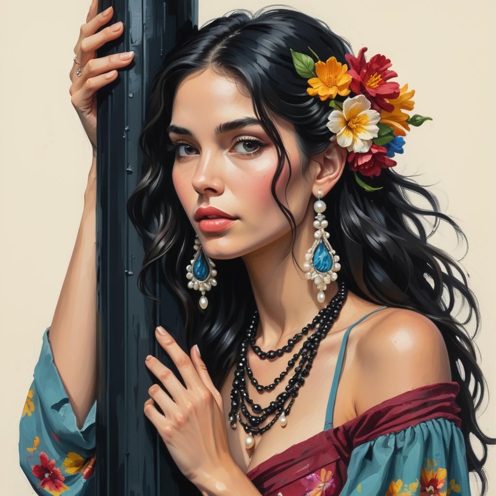 Hyperrealistic Woman with Pearl Earrings, Impasto Background