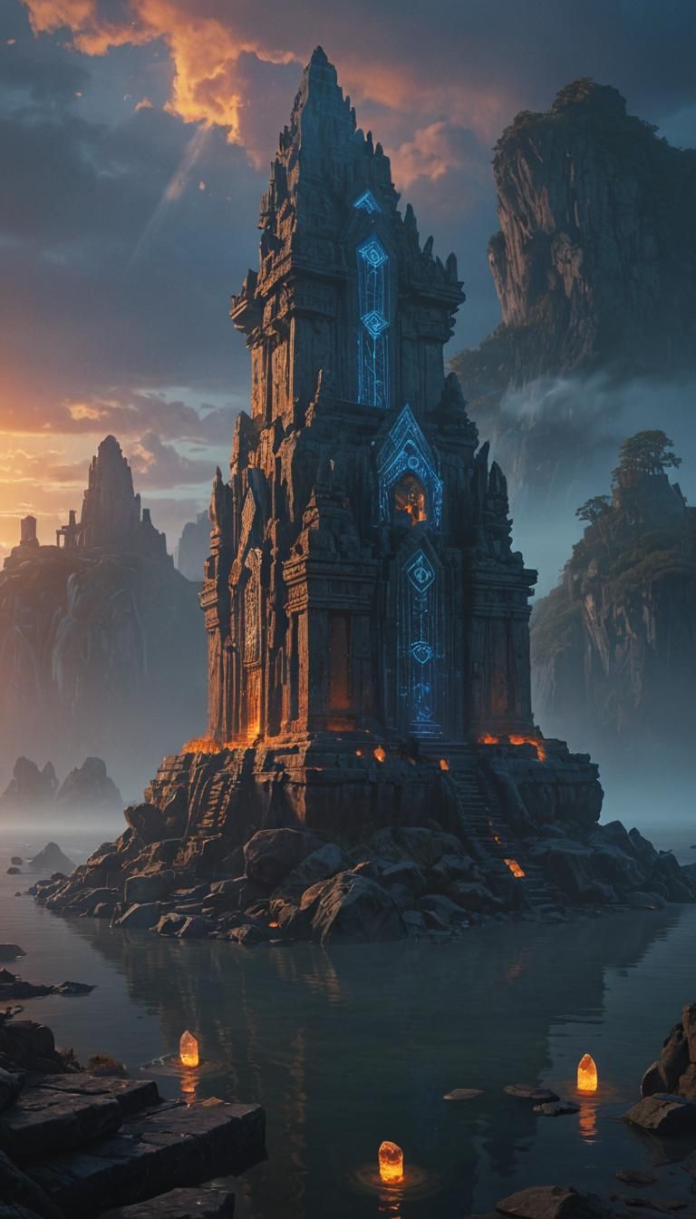 Mystical Crystal Temple Ruins at Dusk