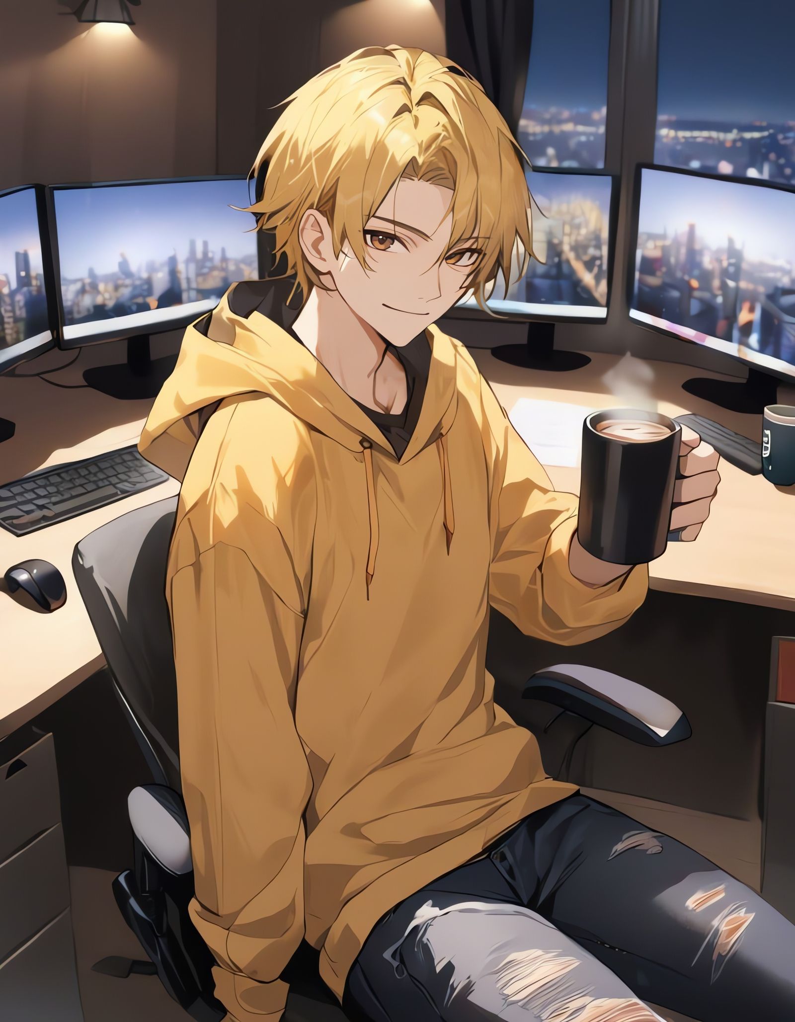 Cyberpunk Programmer Cowboy Sitting in Nighttime Office