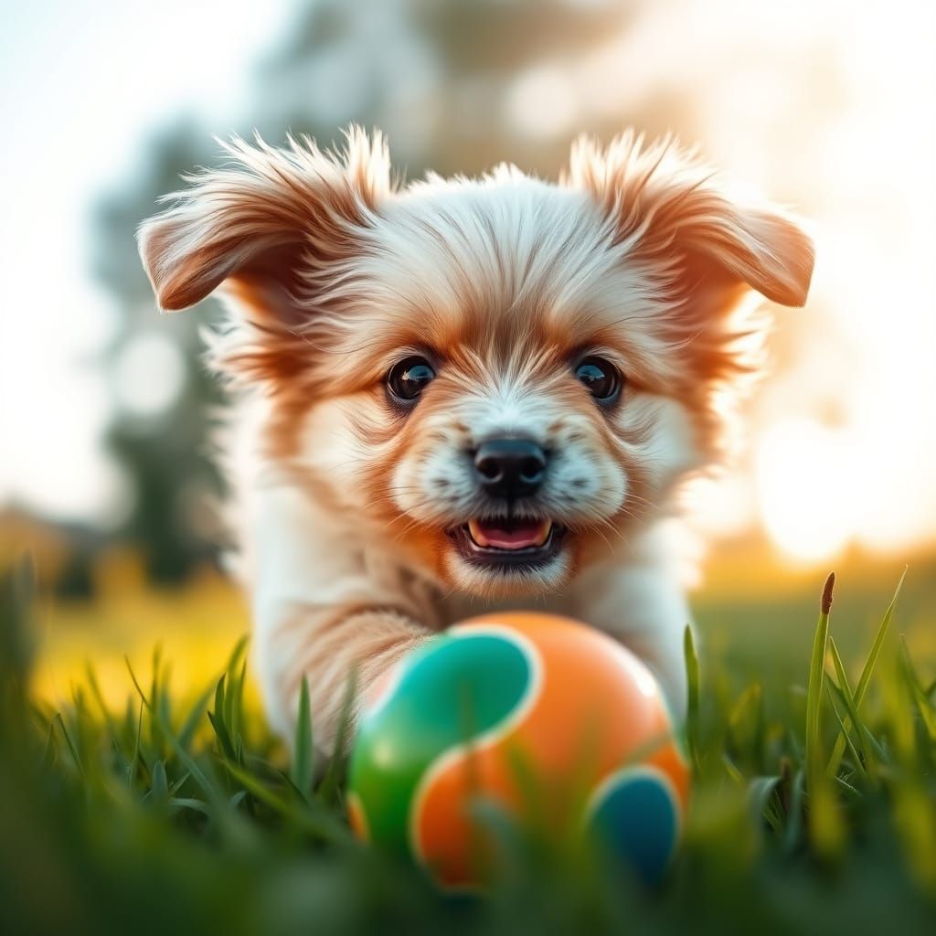 Cute Puppy Chases Colorful Ball in Sunlit Meadow