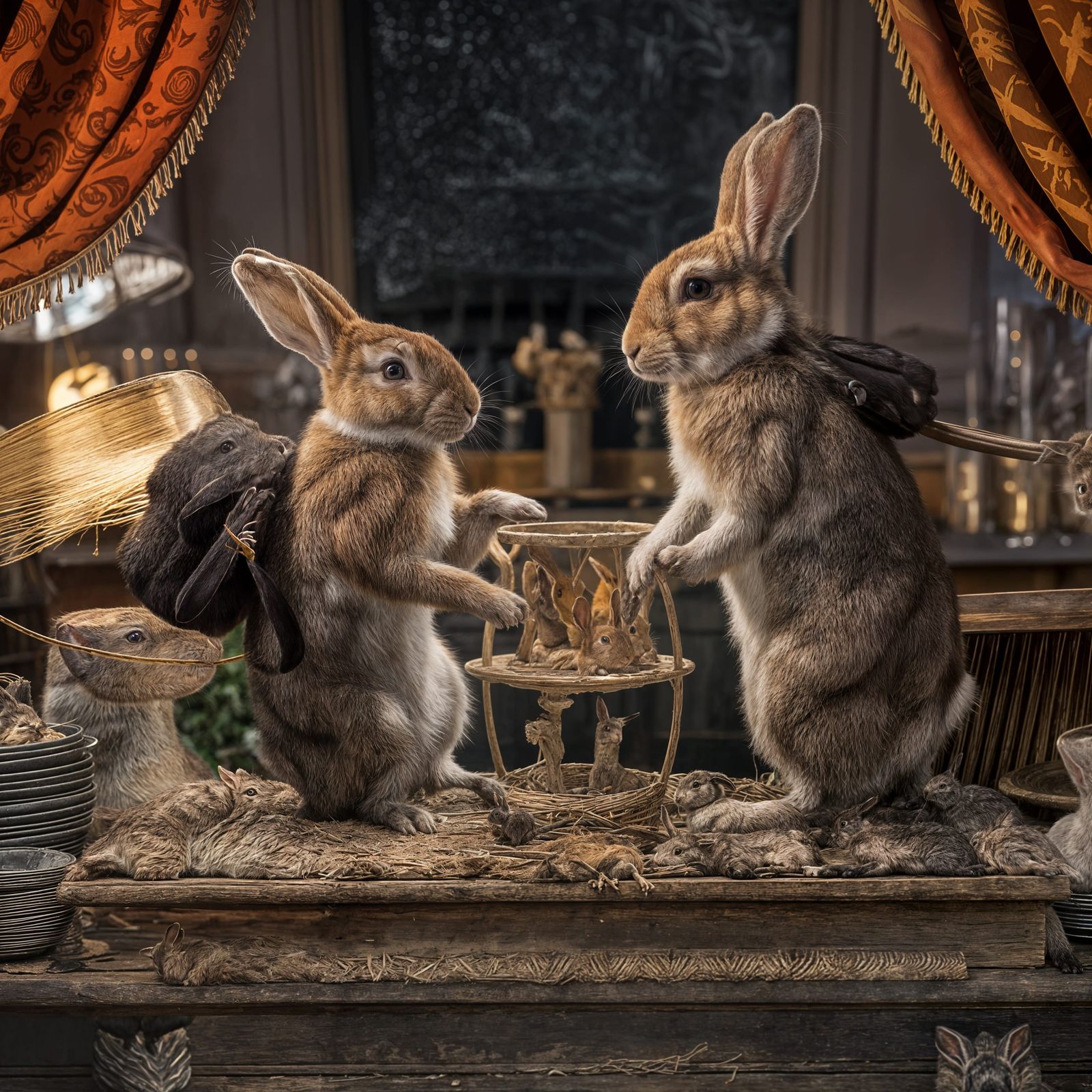 Rabbits Dancing in Cinematic Film Still