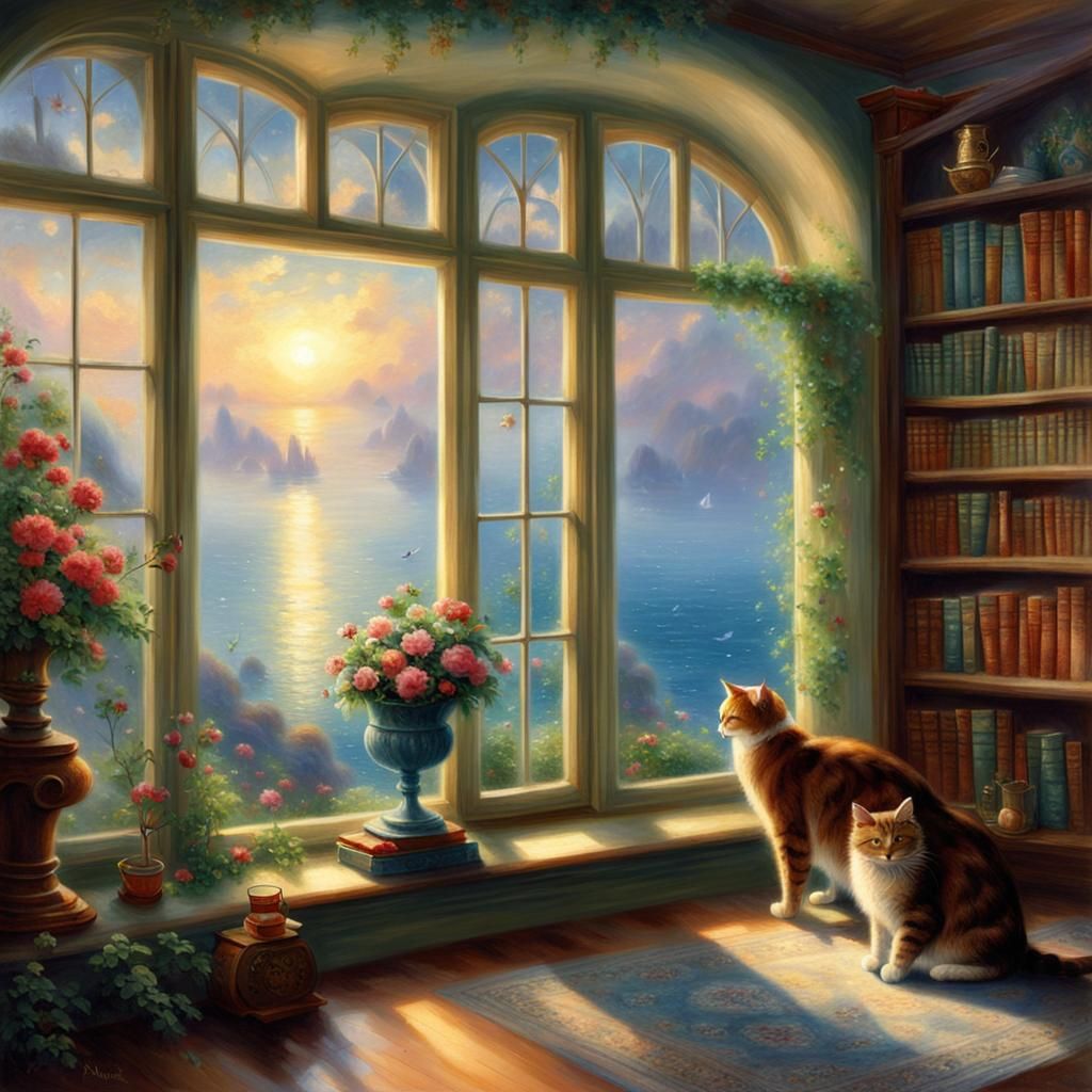 Library with Sea View and Cat, Ethereal Style