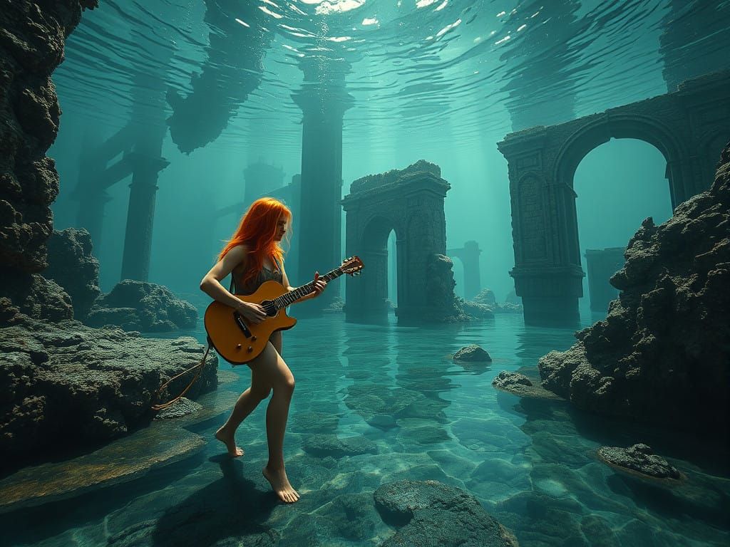 Epic Cinematic Female Guitarist Plays Beside Underwater Ruin...