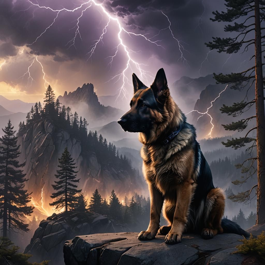 German Shepherd at Cliff's Edge, Panoramic Fantasy Landscape