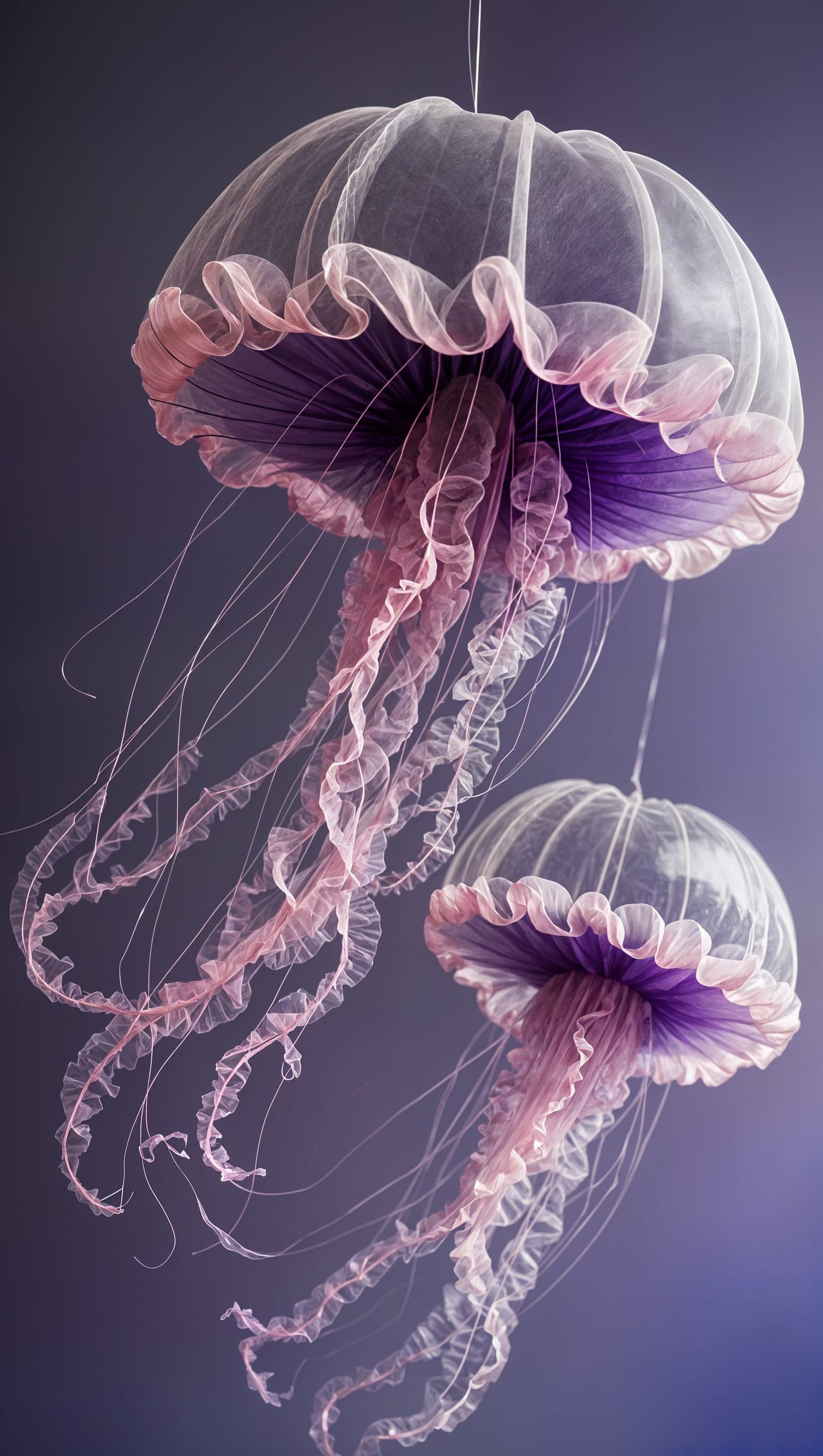 Pink and purple jellyfish made of tulle.