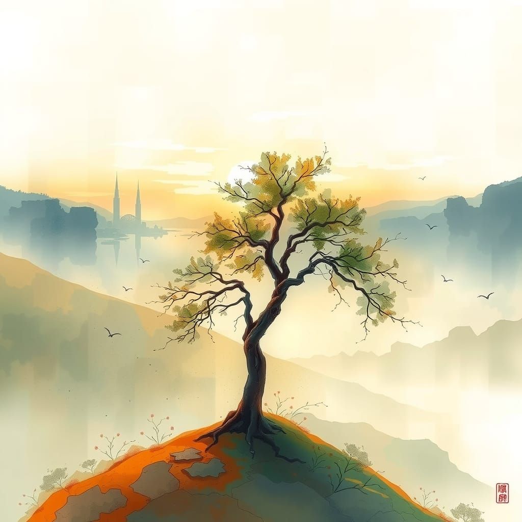 Timeless Watercolor Landscape with Lone Tree