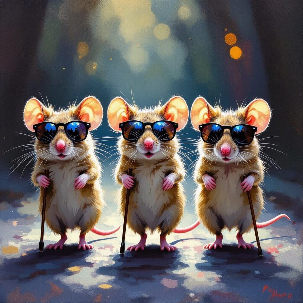 Three Blind Mice with Canes in Gouache Style