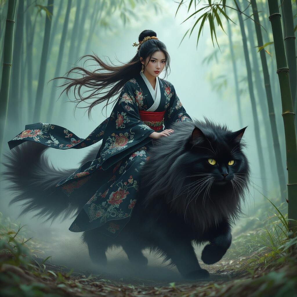 Woman Rides Giant Cat Through Misty Bamboo Forest