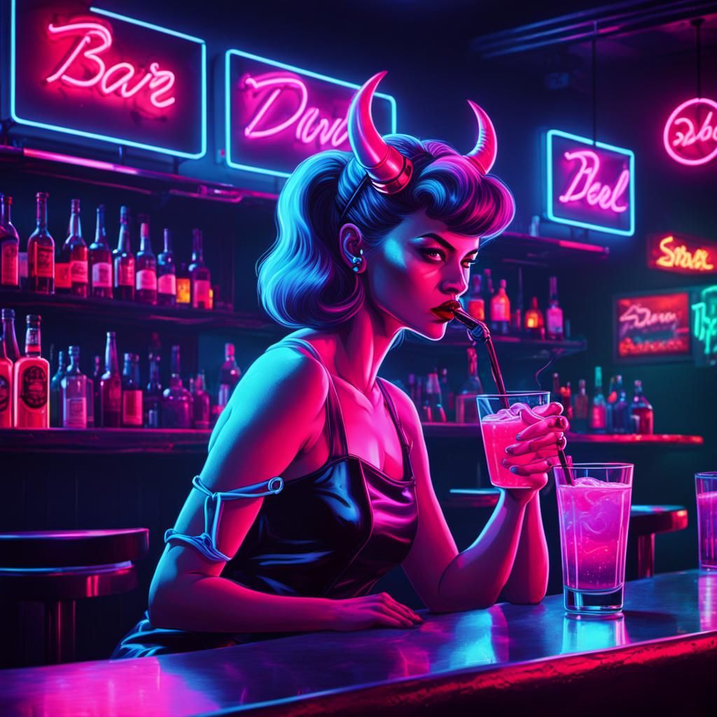 She Devil at Bar in Synthwave Neon Style