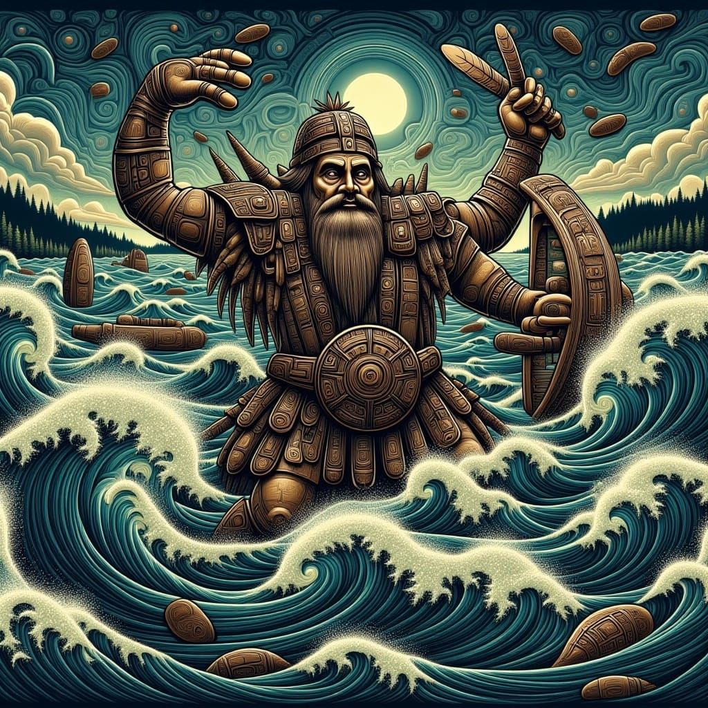 Viking Warrior Battles Stormy Ocean, Northwest Coast Art