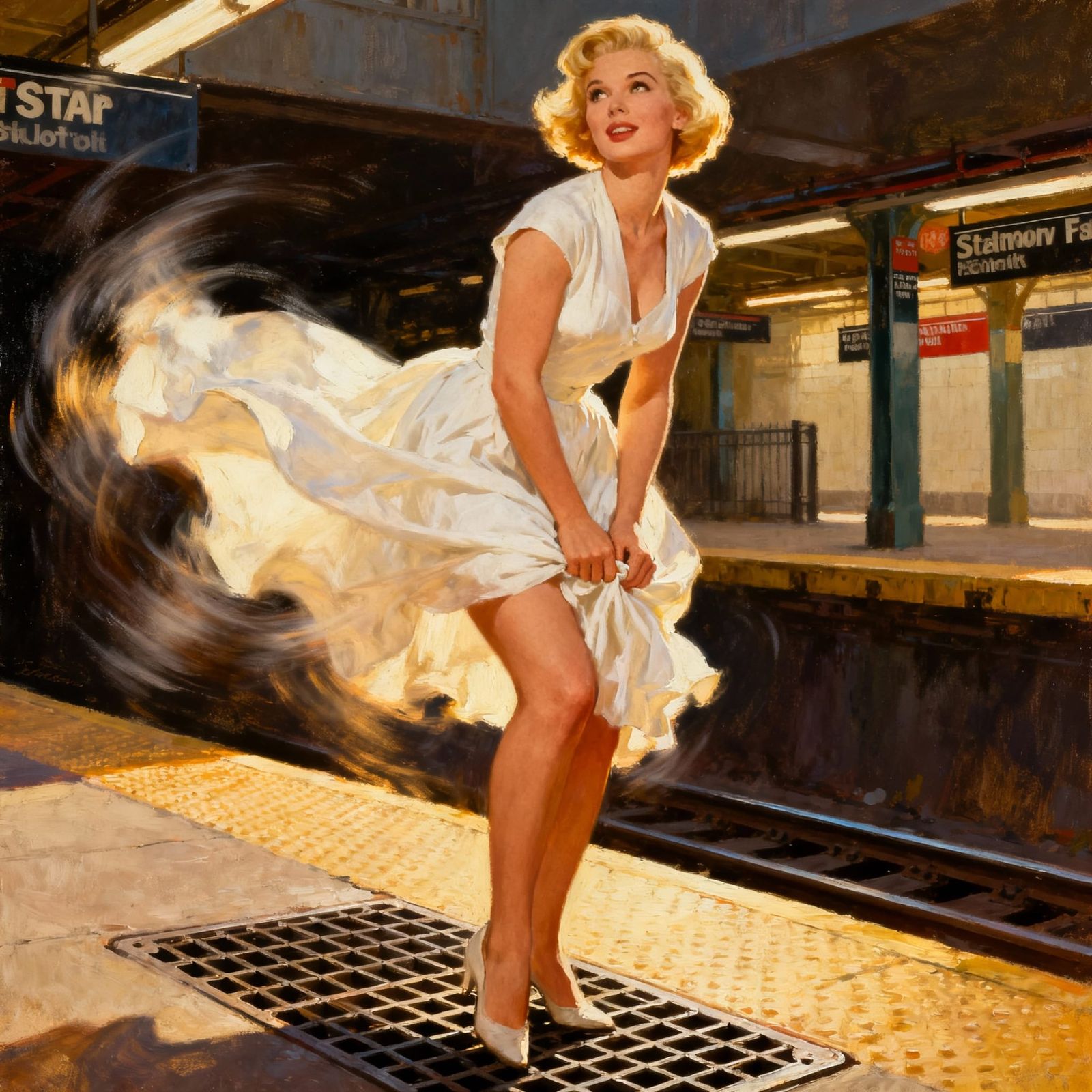 1950s Starlet's Dress Blown by Subway Grate, Oil Painting