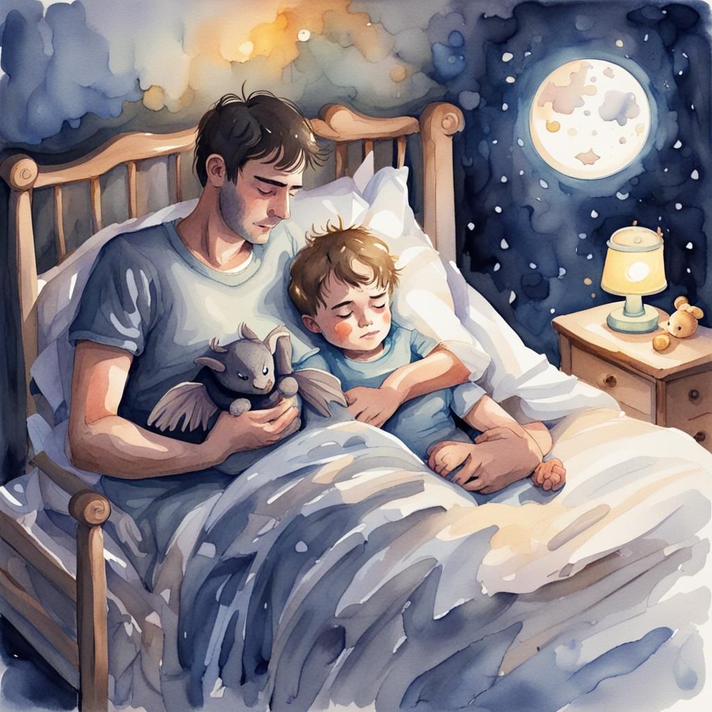 Watercolor Nightmare: Winged Figure Over Child