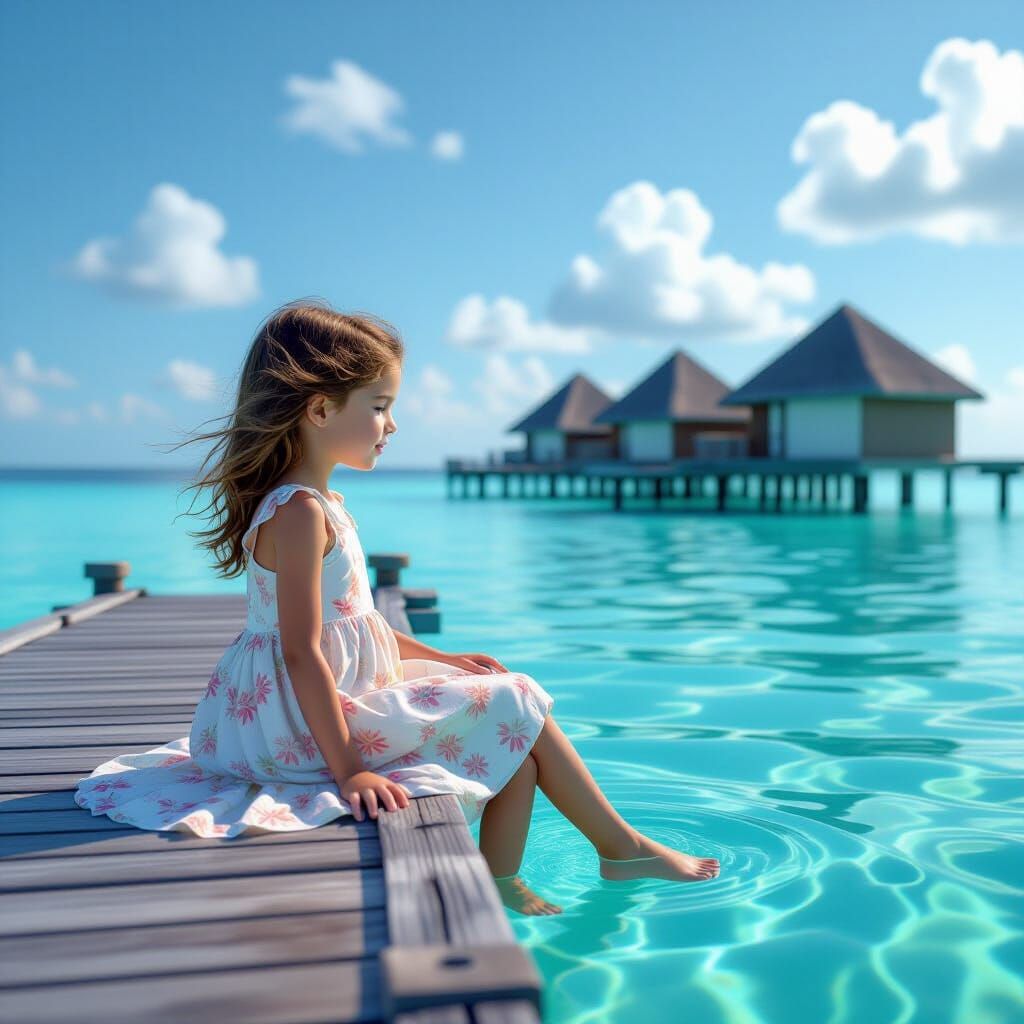 Girl on Pier in Maldives: Vibrant 3D Digital Art