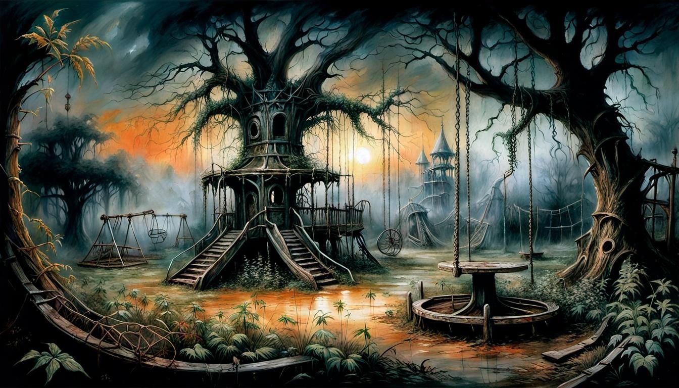 Ruined Playground at Sunset in Dark Fantasy Style