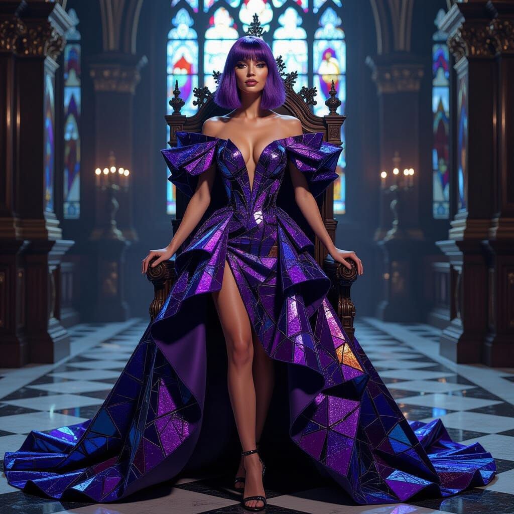 Woman in Stained Glass Gown with Hidden Power