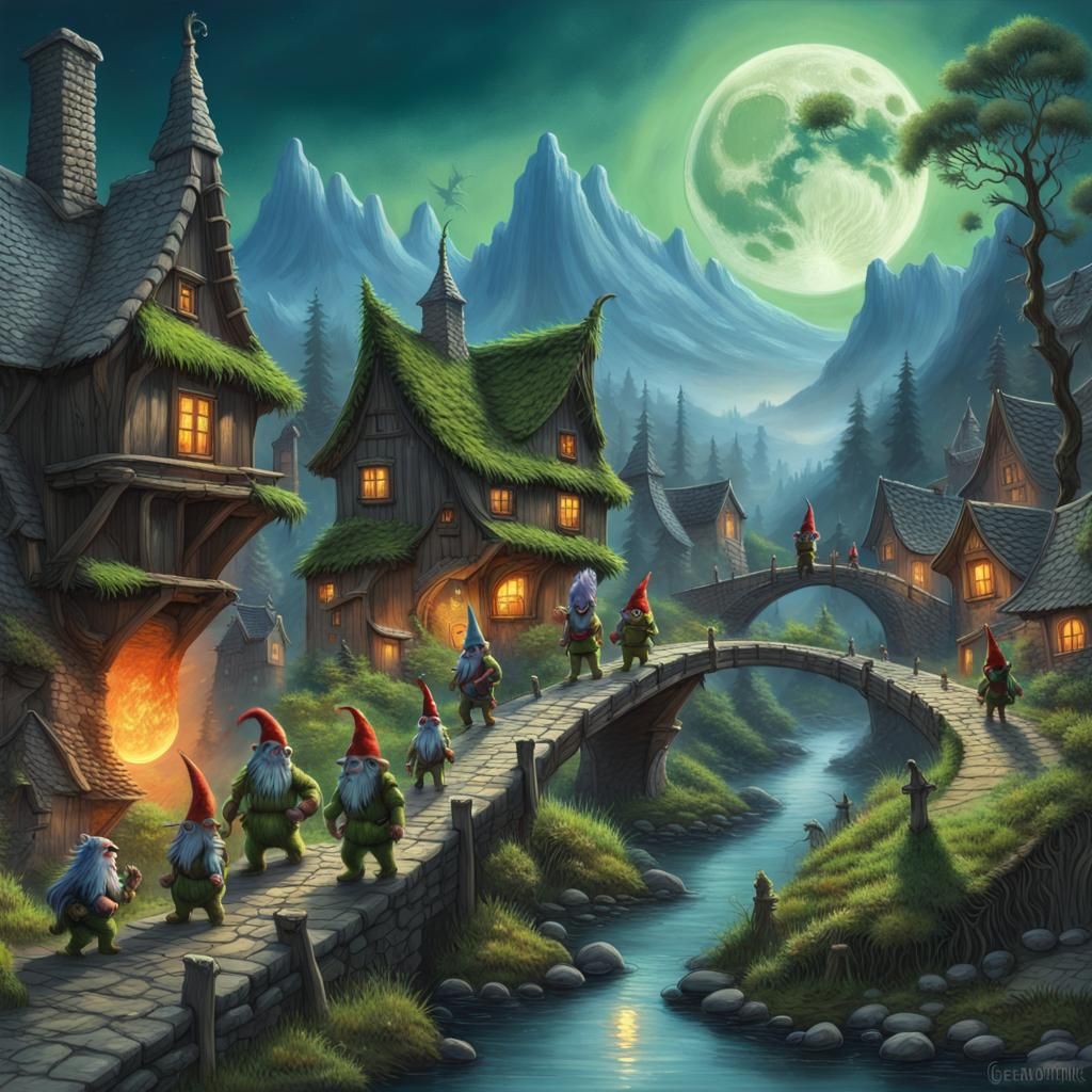 Trolls and Dragons Roam Village Under Moonlight