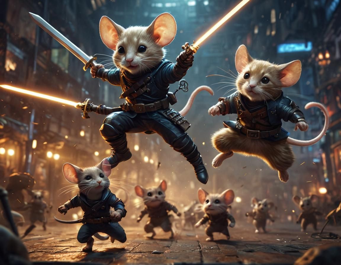 Cyberpunk Mice Swashbucklers Fight Cats in Futuristic Battle