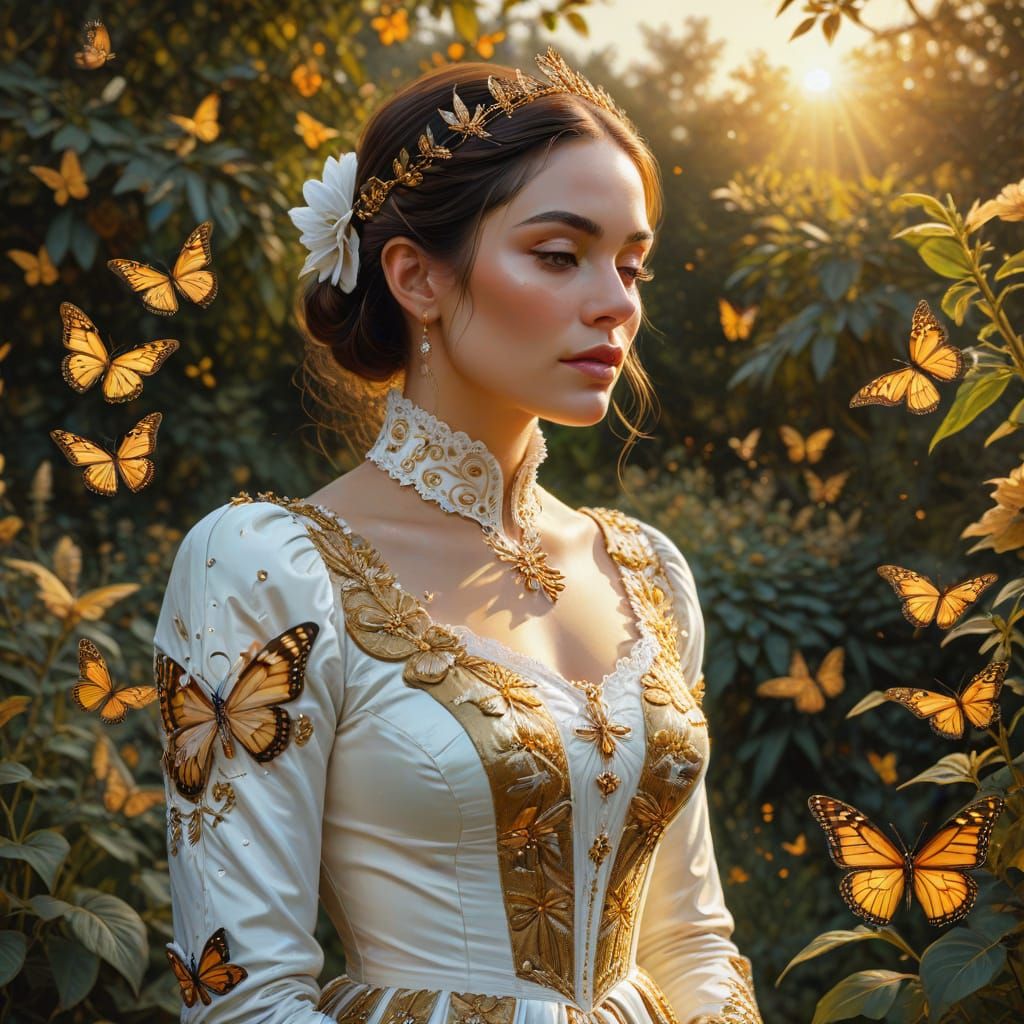 Regal Woman in Gold Outfit with Butterflies
