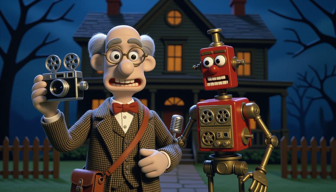 Claymation Steampunk Investigator and Robot at Haunted House