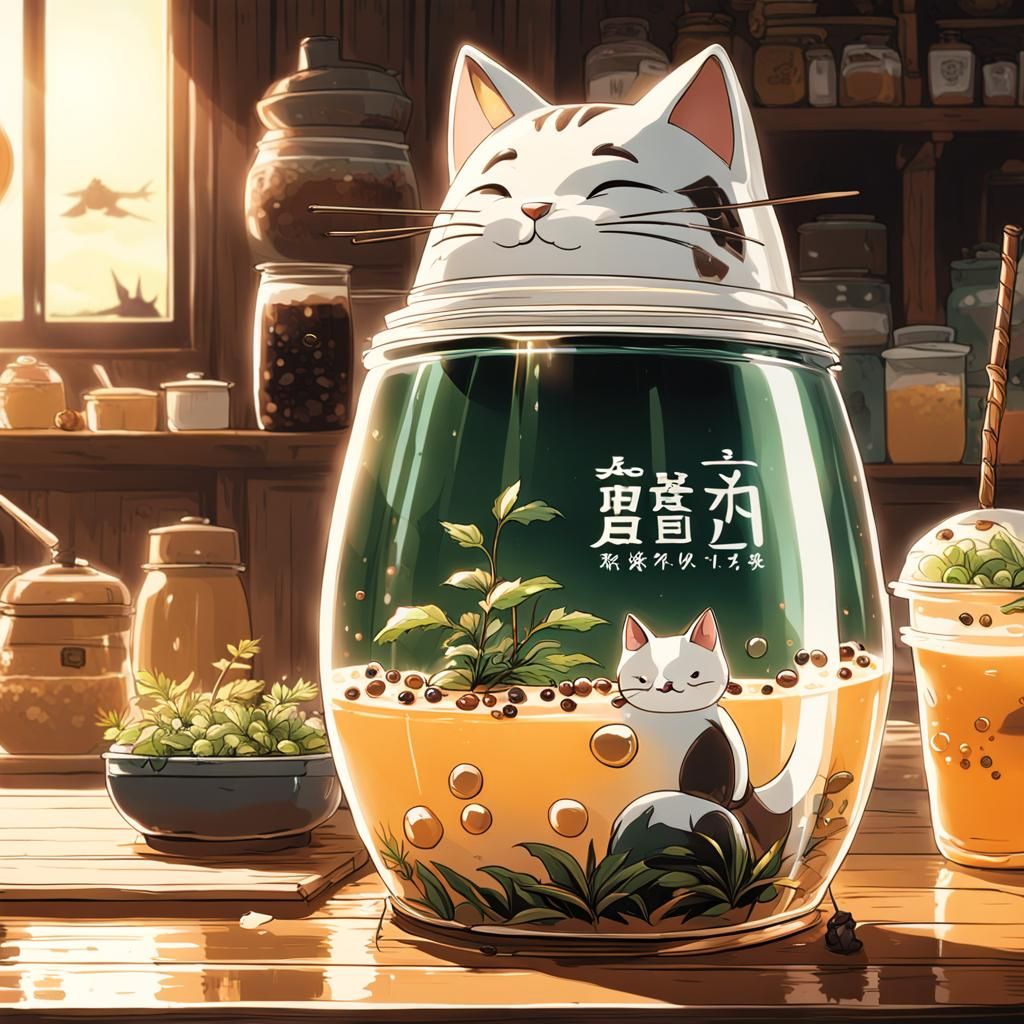 Cat Bubble Tea in Studio Ghibli Style