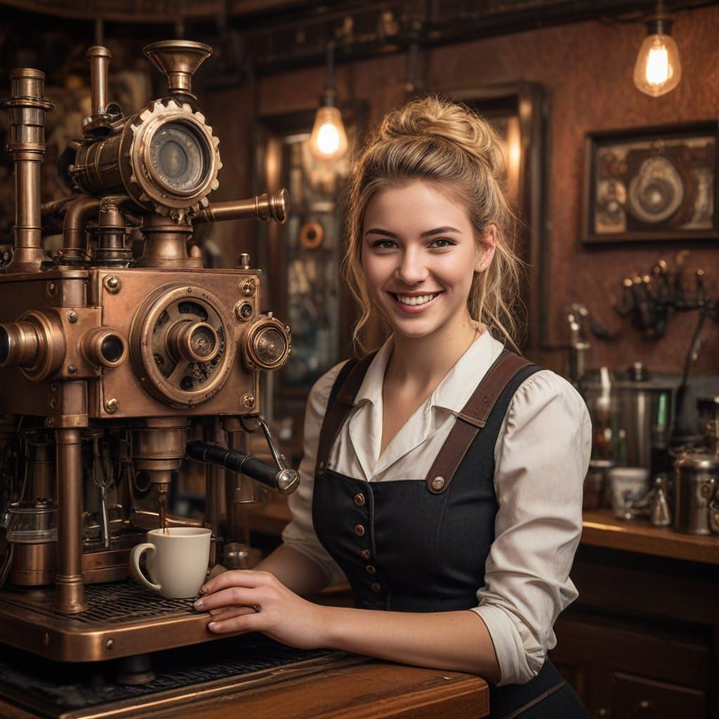 Steampunk Girl with Espresso Machine in Vintage Cafe