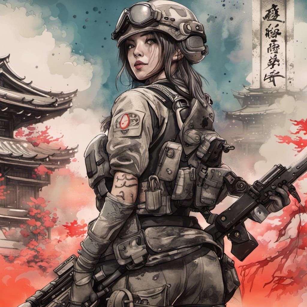 Modern Soldier Woman in Sumi-e Ink Wash Style