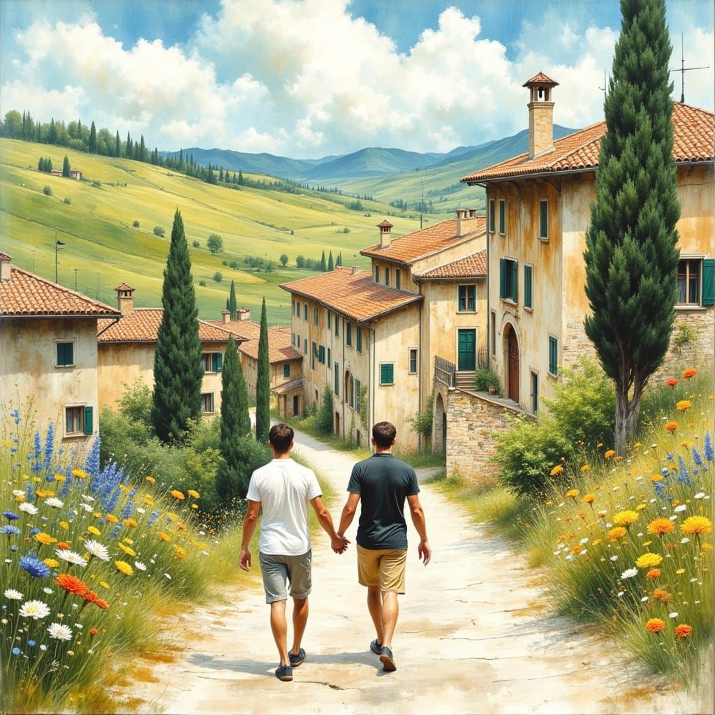 Gay Couple Wander Through Tuscany, Watercolor Style