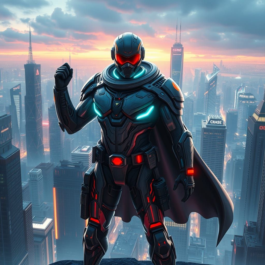 Futuristic Superhero in Neon Metropolis