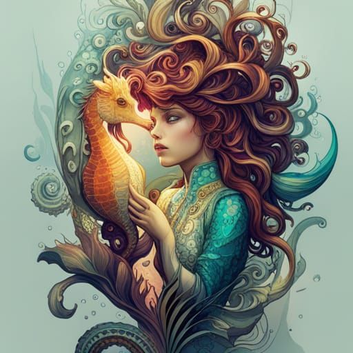 Luminous Seahorse with Golden Outlines Digital Painting