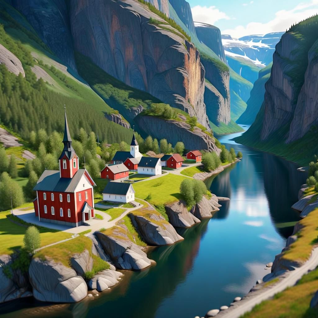Swedish Canyon Fjord Church in Photorealistic Style