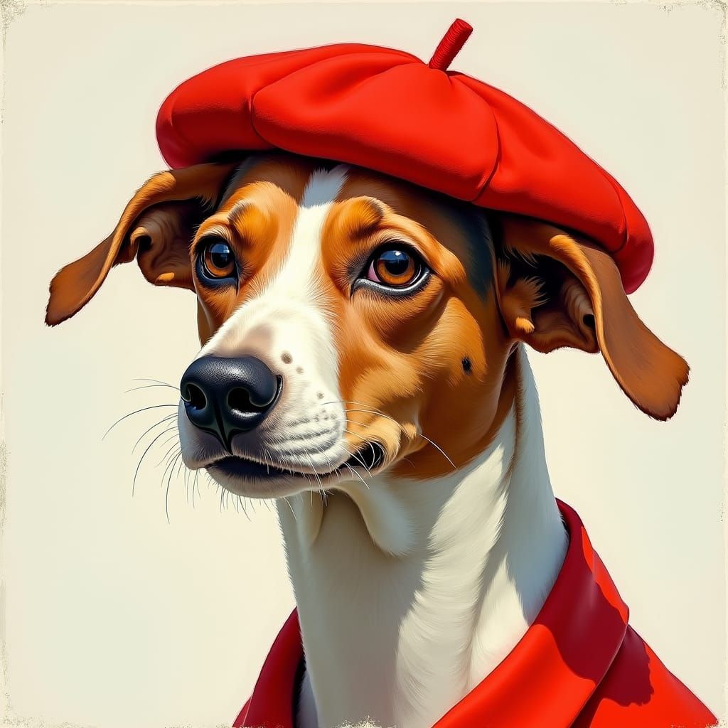Dog in Red Beret: Renaissance-Inspired Portrait