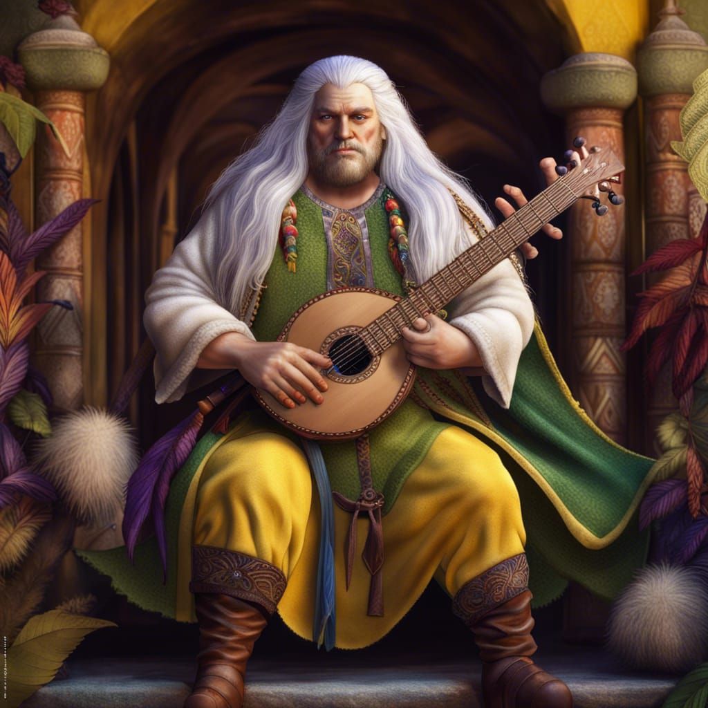 Detailed Elf Portrait with Lute in Feathered Clothing