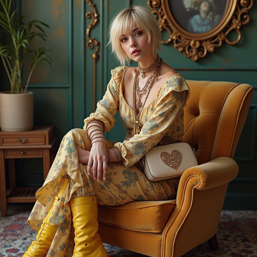 Glamorous Bohemian Fashion Model in Trendy Studio Setting