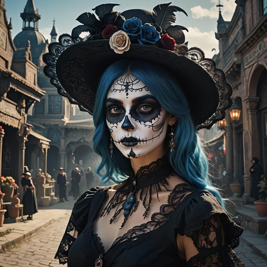 Dutch Catrina with Blue Hair, Digital Art