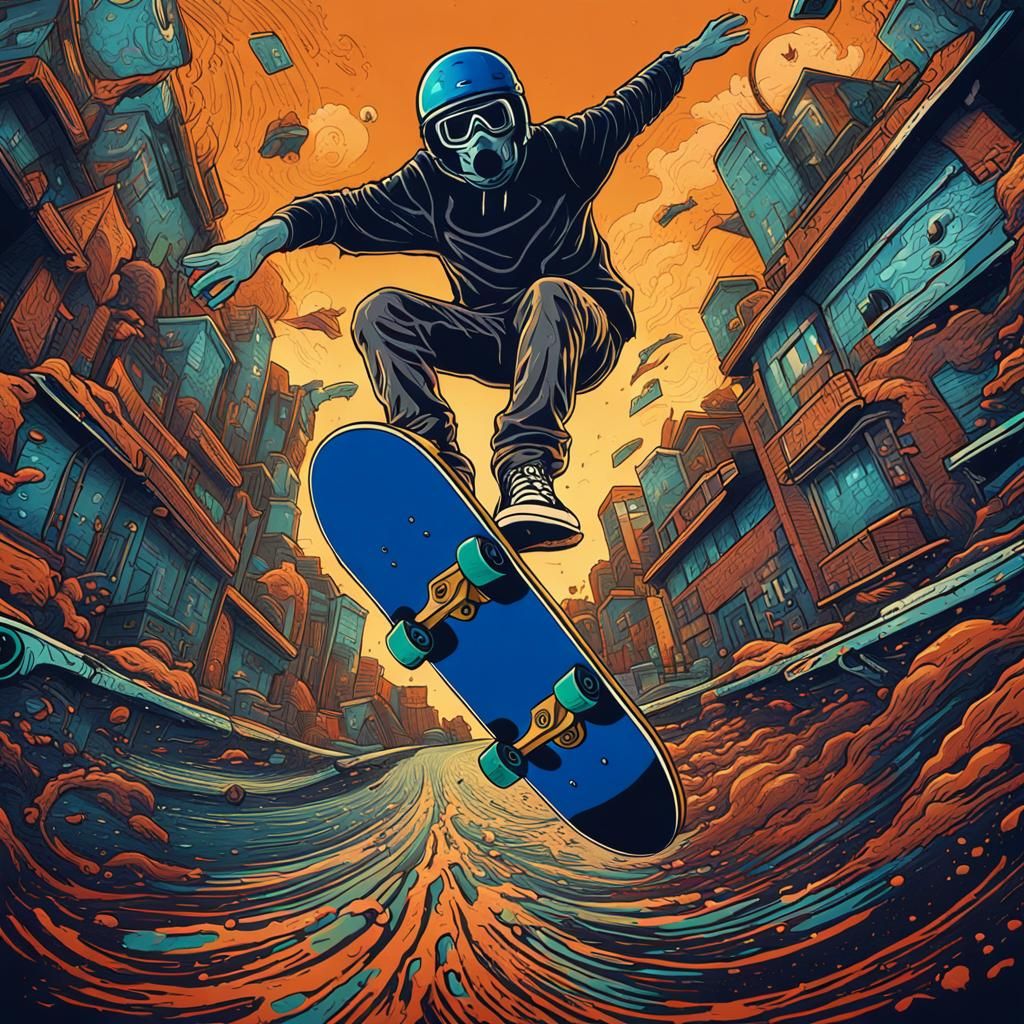 Skateboard Jump in Linocut Style