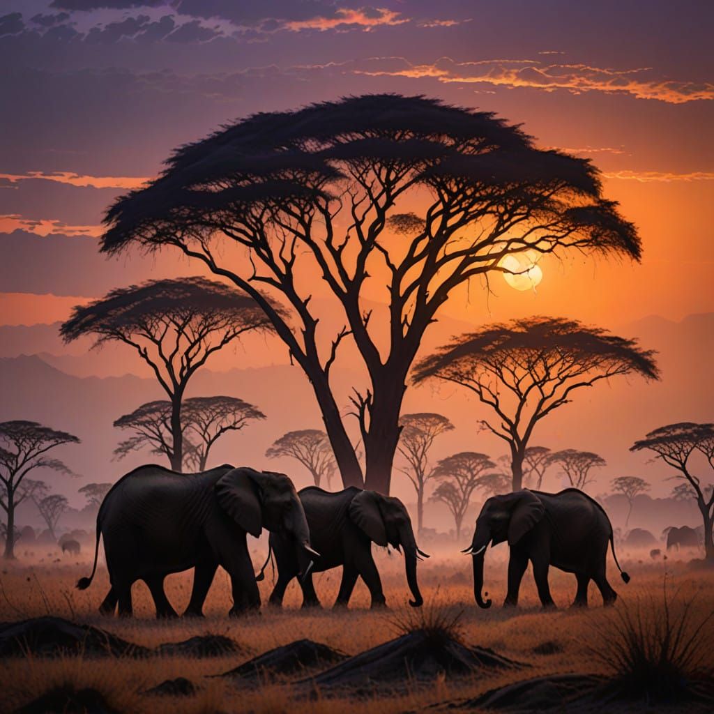 Elephants in Sunset Savanna