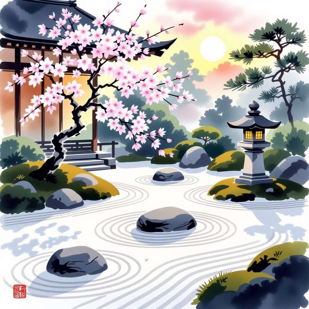 Serene Zen Garden at Dawn in Sumi-e Style