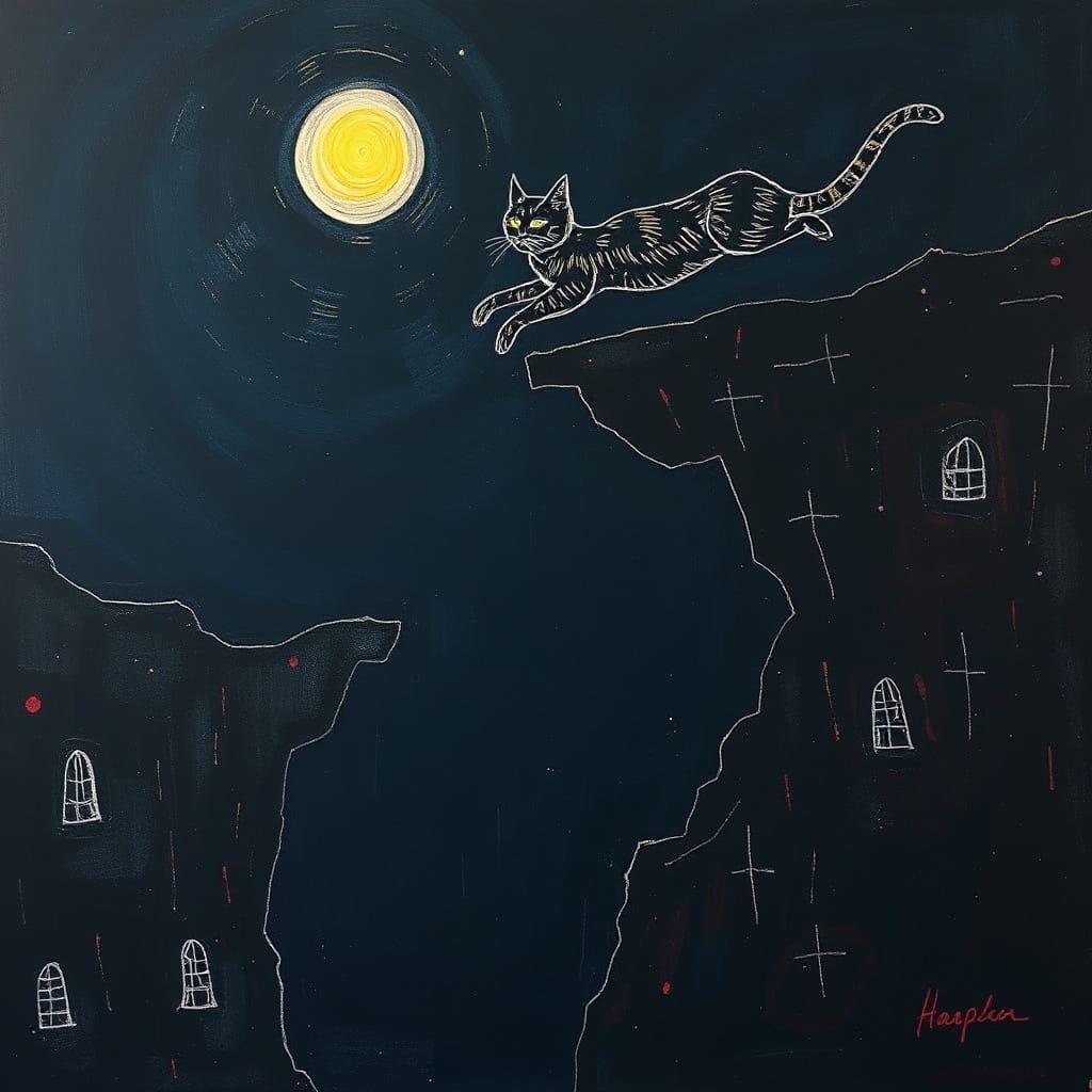 Cat in a Dreamlike Scene, Echoing with Dark Steel and Lying ...