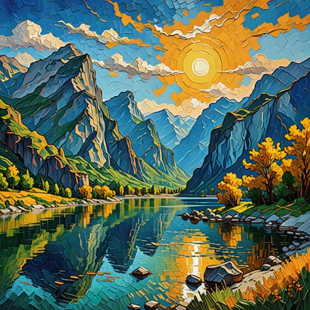 Expressionist Impasto Landscape with Mountains and Lake